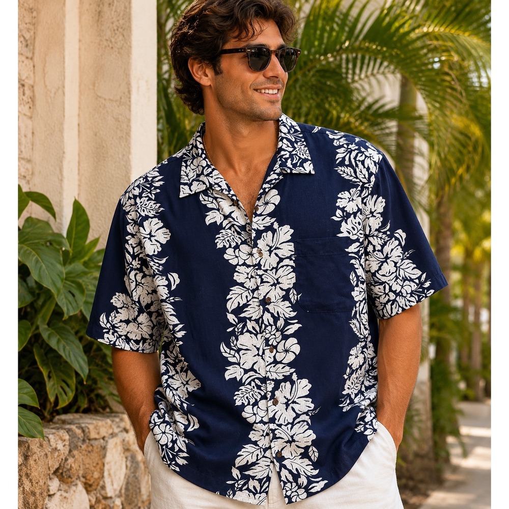 Steve & Barrys Classic Hawaiian Shirt Mens Large Navy Blue White Hibiscus Rayon